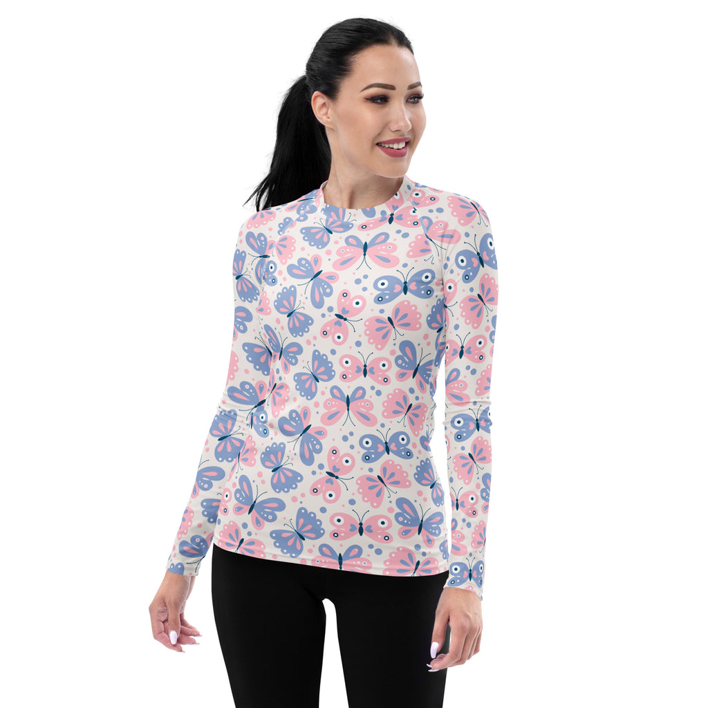 Women's Pink & Purple Butterfly Long Sleeve Rash Guard Swim Shirt – Buttery Soft, Sun Safe UPF 50+ Protection, Quick Dry & 4-Way Stretch Comfort