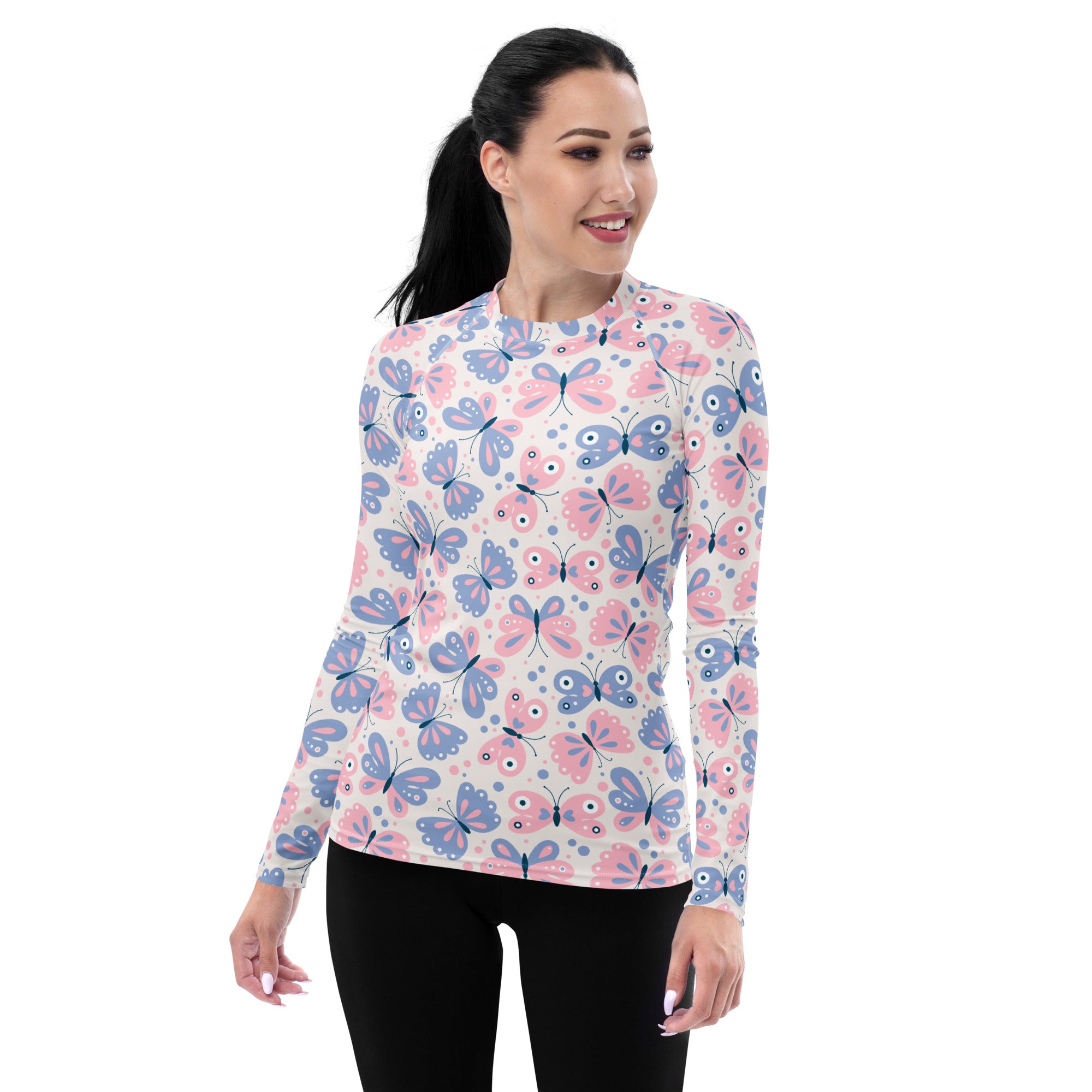 Women's Pink & Purple Butterfly Long Sleeve Rash Guard Swim Shirt – Buttery Soft, Sun Safe UPF 50+ Protection, Quick Dry & 4-Way Stretch Comfort