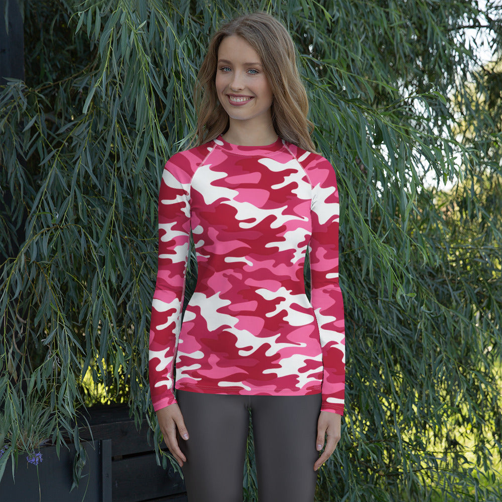 Women's Bright Pink Camouflage Long Sleeve Rash Guard Swim Shirt – Buttery Soft, Sun Safe UPF 50+ Protection, Quick Dry & 4-Way Stretch Comfort