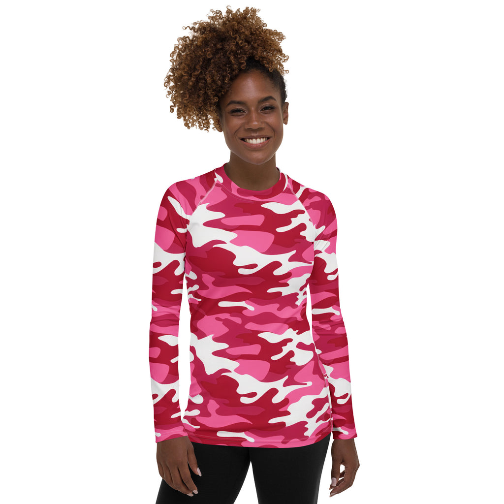Women's Bright Pink Camouflage Long Sleeve Rash Guard Swim Shirt – Buttery Soft, Sun Safe UPF 50+ Protection, Quick Dry & 4-Way Stretch Comfort