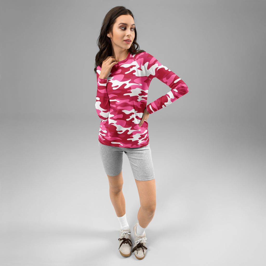 Women's Bright Pink Camouflage Long Sleeve Rash Guard Swim Shirt – Buttery Soft, Sun Safe UPF 50+ Protection, Quick Dry & 4-Way Stretch Comfort