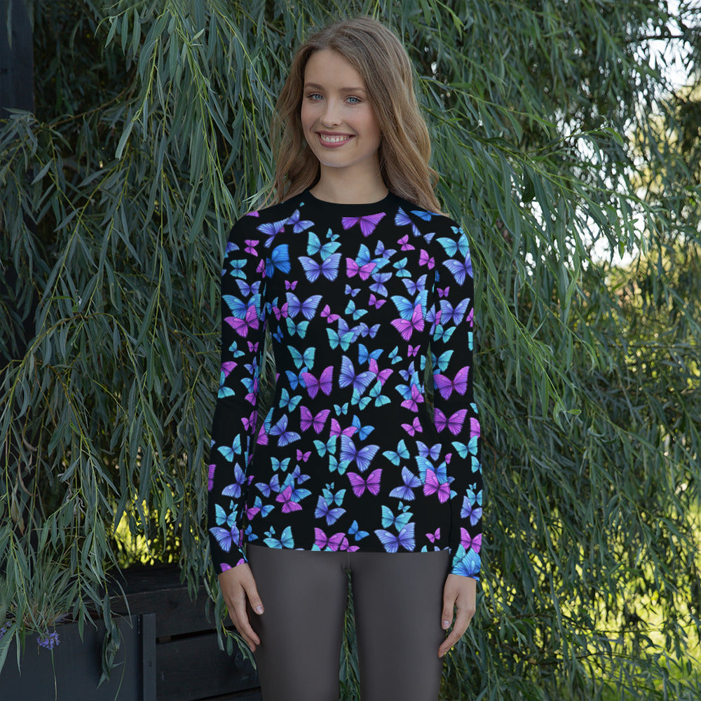 Women's Vibrant Butterfly Long Sleeve Rash Guard Swim Shirt – Buttery Soft, Sun Safe UPF 50+ Protection, Quick Dry & 4-Way Stretch Comfort
