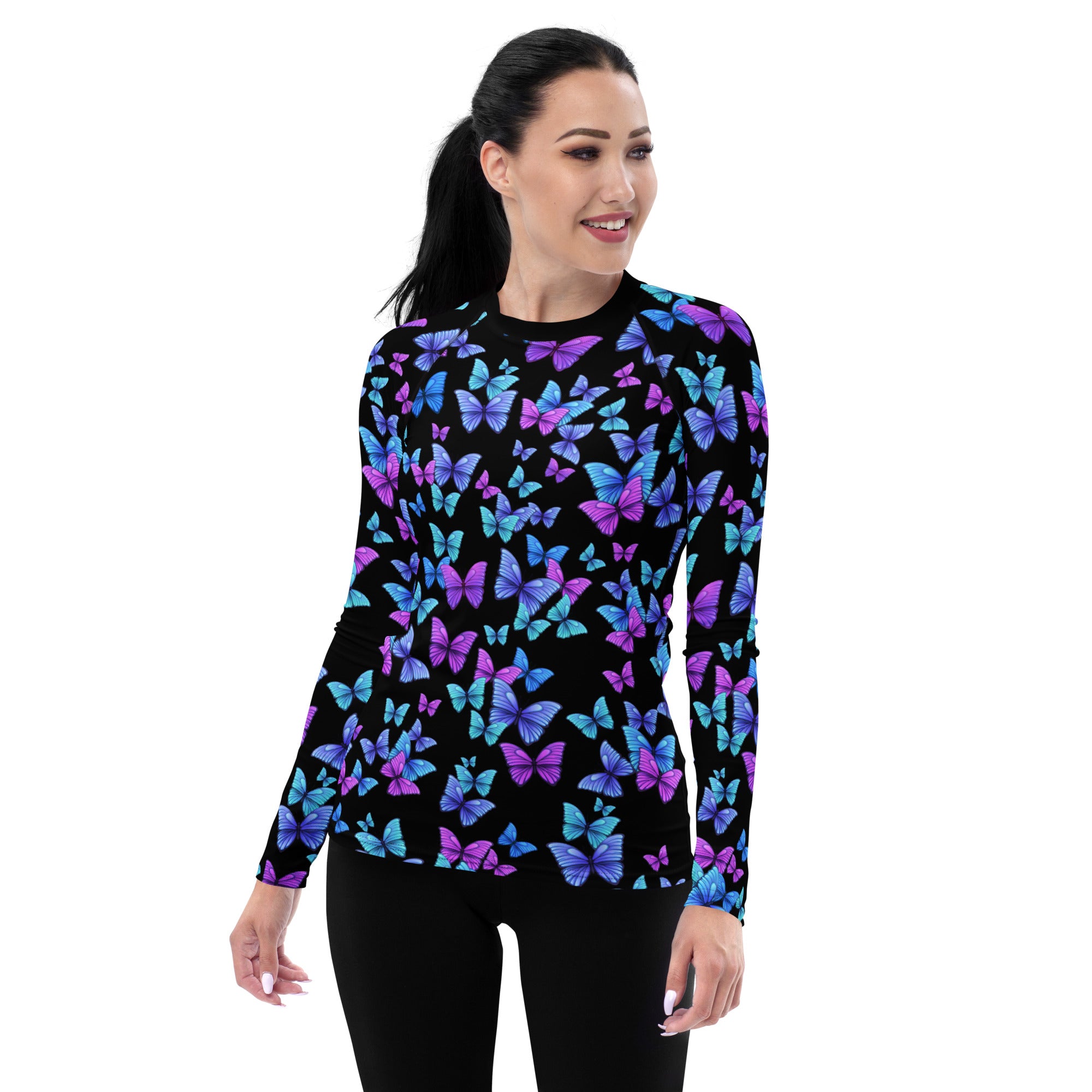 Women's Vibrant Butterfly Long Sleeve Rash Guard Swim Shirt – Buttery Soft, Sun Safe UPF 50+ Protection, Quick Dry & 4-Way Stretch Comfort