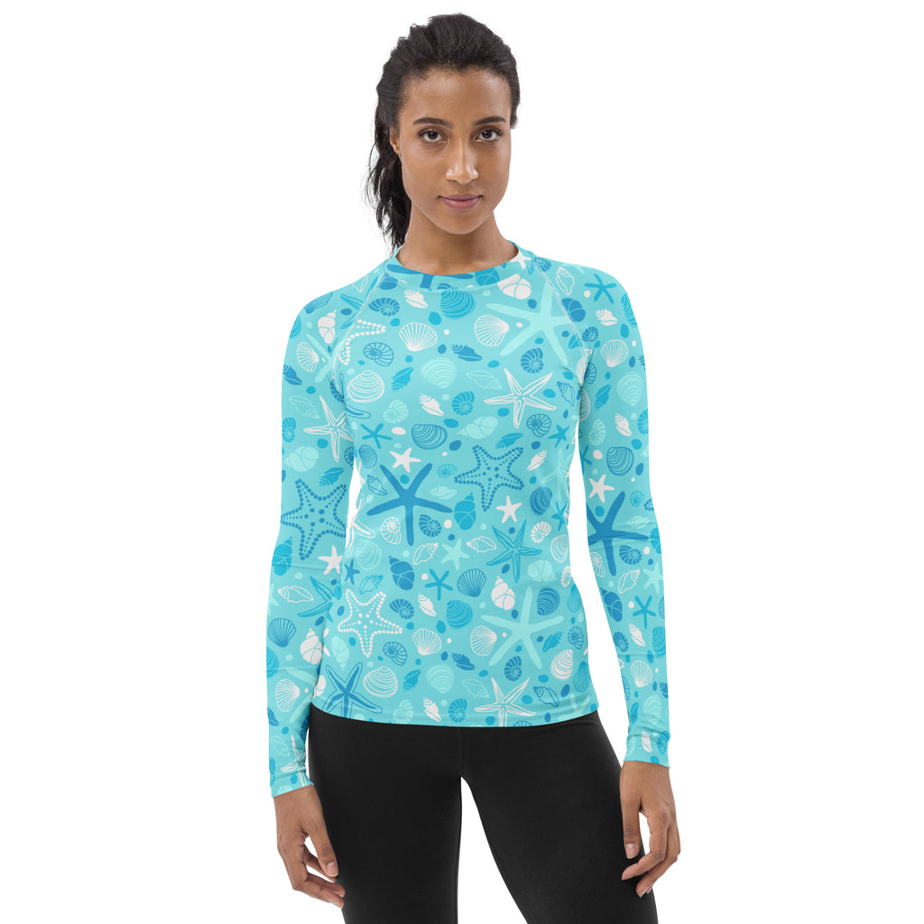 Women's Starfish & Shells Long Sleeve Rash Guard Swim Shirt – Buttery Soft, Sun Safe UPF 50+ Protection, Quick Dry & 4-Way Stretch Comfort