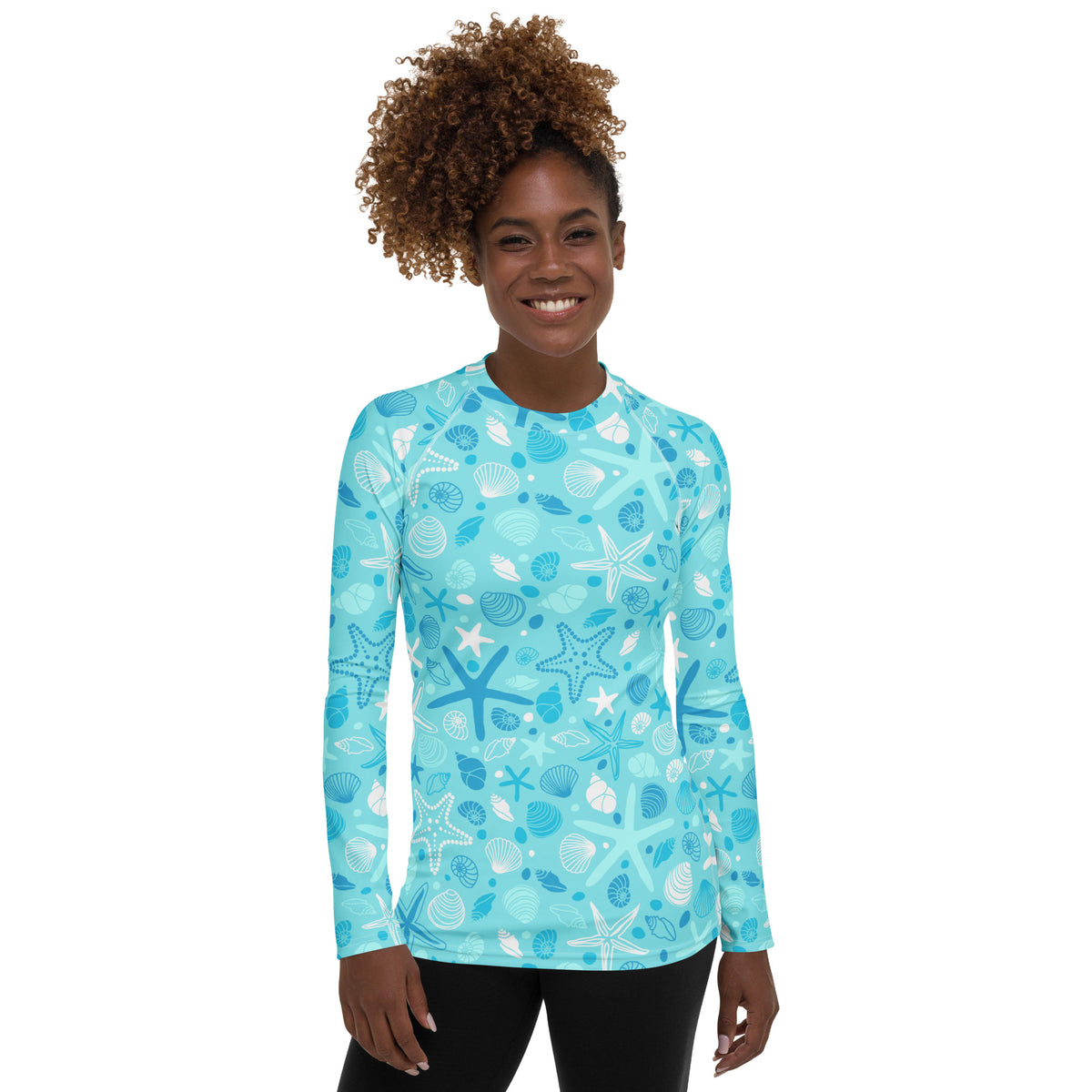 Women's Starfish & Shells Long Sleeve Rash Guard Swim Shirt – Buttery Soft, Sun Safe UPF 50+ Protection, Quick Dry & 4-Way Stretch Comfort