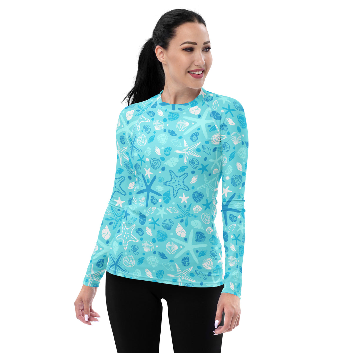 Women's Starfish & Shells Long Sleeve Rash Guard Swim Shirt – Buttery Soft, Sun Safe UPF 50+ Protection, Quick Dry & 4-Way Stretch Comfort