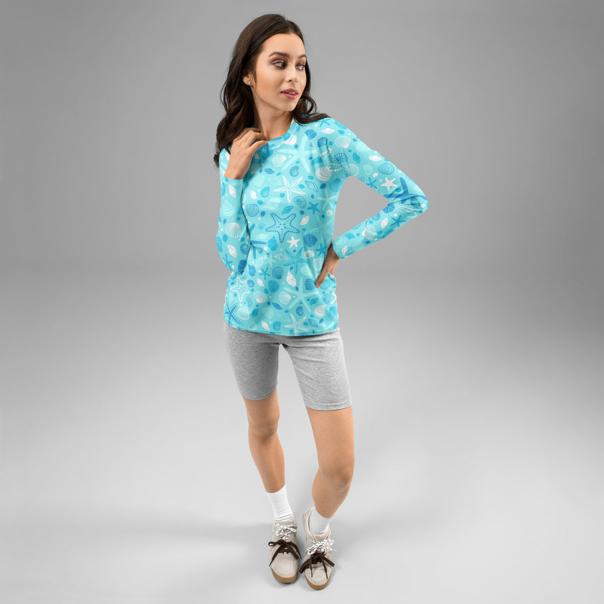Women's Starfish & Shells Long Sleeve Rash Guard Swim Shirt – Buttery Soft, Sun Safe UPF 50+ Protection, Quick Dry & 4-Way Stretch Comfort