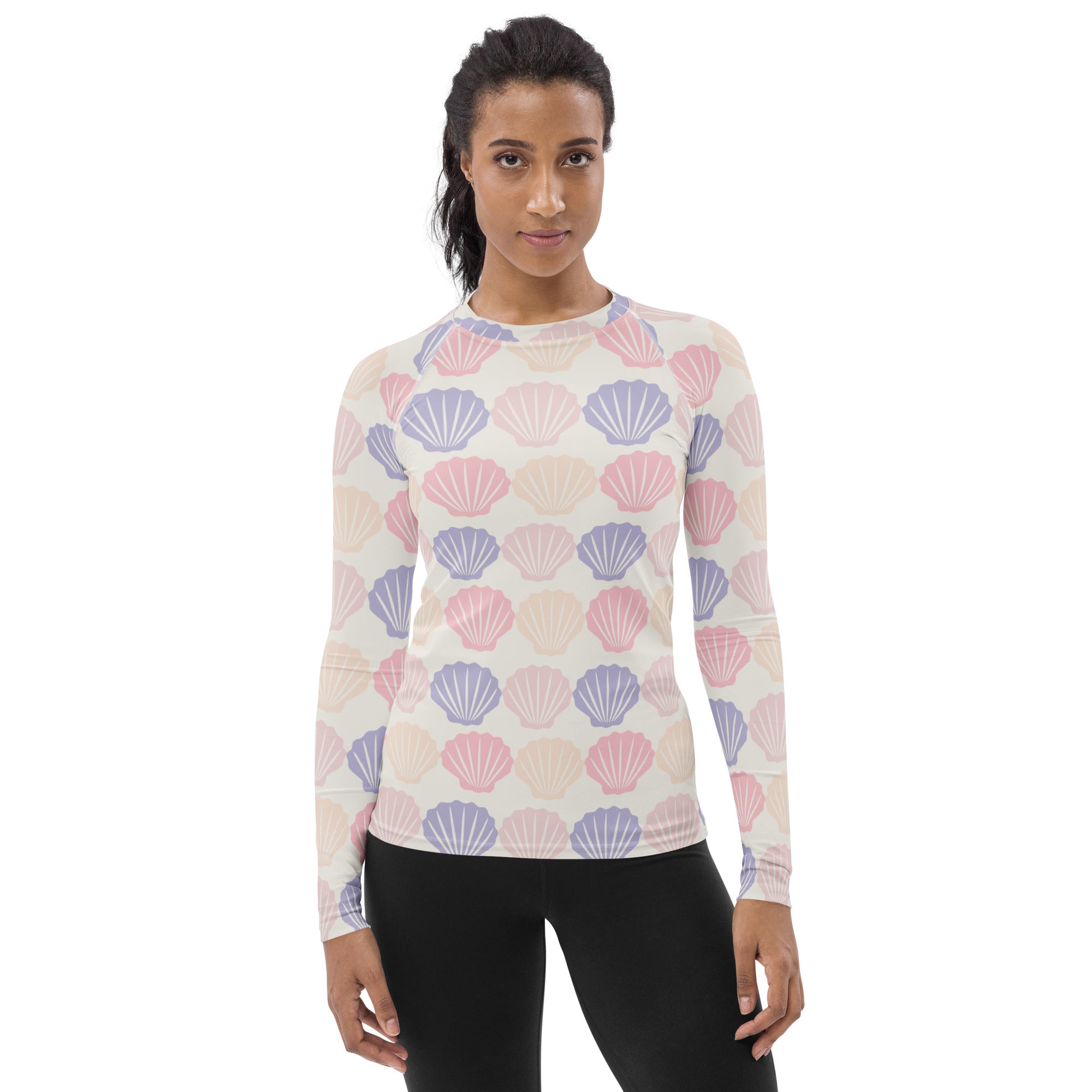 Women's Pastel Seashell Long Sleeve Rash Guard Swim Shirt – Buttery Soft, Sun Safe UPF 50+ Protection, Quick Dry & 4-Way Stretch Comfort