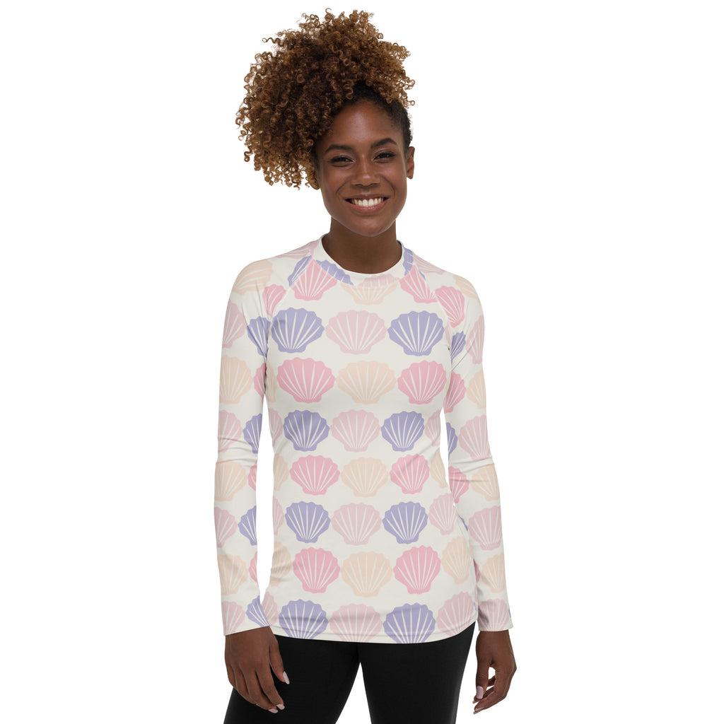 Women's Pastel Seashell Long Sleeve Rash Guard Swim Shirt – Buttery Soft, Sun Safe UPF 50+ Protection, Quick Dry & 4-Way Stretch Comfort