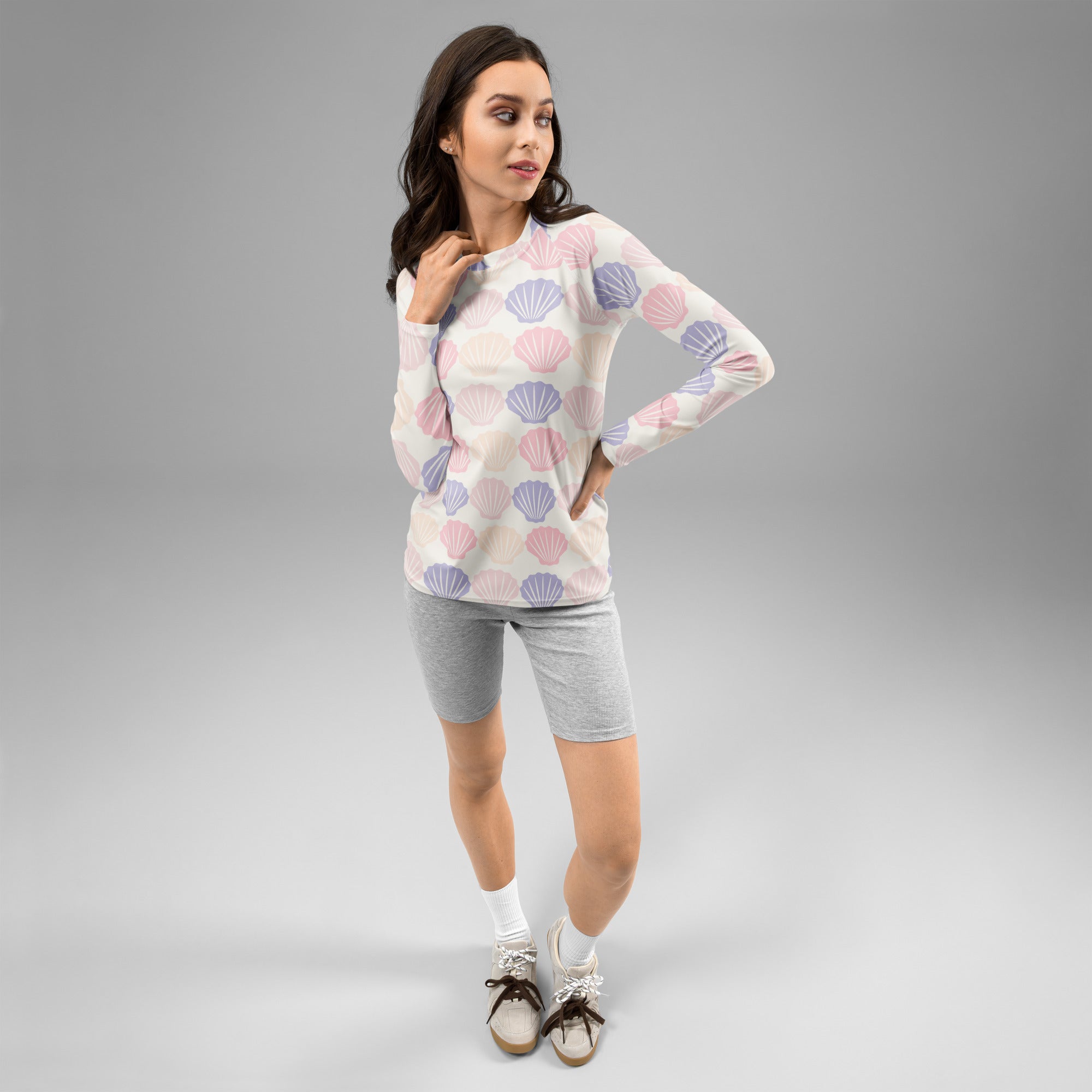 Women's Pastel Seashell Long Sleeve Rash Guard Swim Shirt – Buttery Soft, Sun Safe UPF 50+ Protection, Quick Dry & 4-Way Stretch Comfort