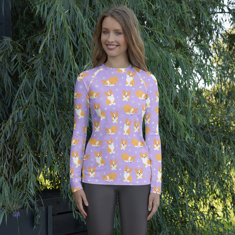 Women's Purple Corgi Dog Long Sleeve Rash Guard Swim Shirt – Buttery Soft, Sun Safe UPF 50+ Protection, Quick Dry & 4-Way Stretch Comfort