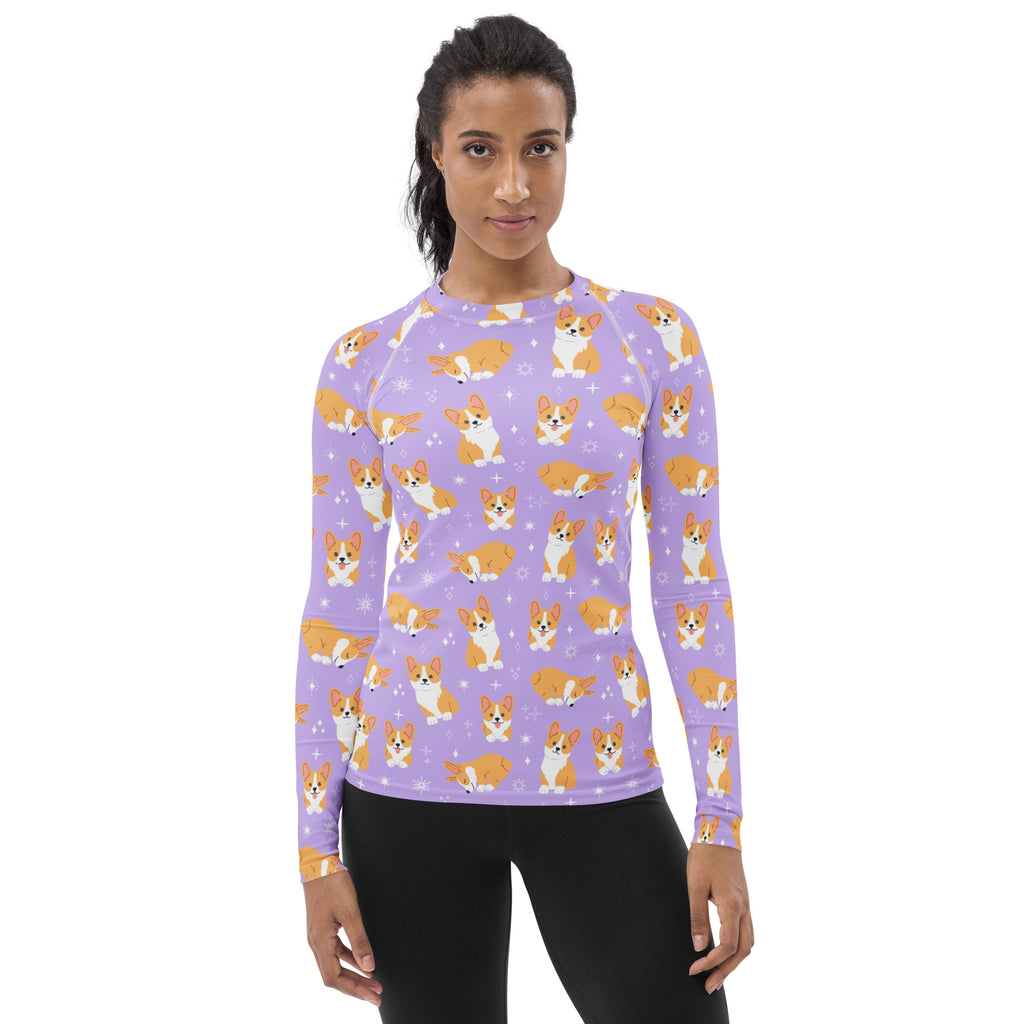 Women's Purple Corgi Dog Long Sleeve Rash Guard Swim Shirt – Buttery Soft, Sun Safe UPF 50+ Protection, Quick Dry & 4-Way Stretch Comfort