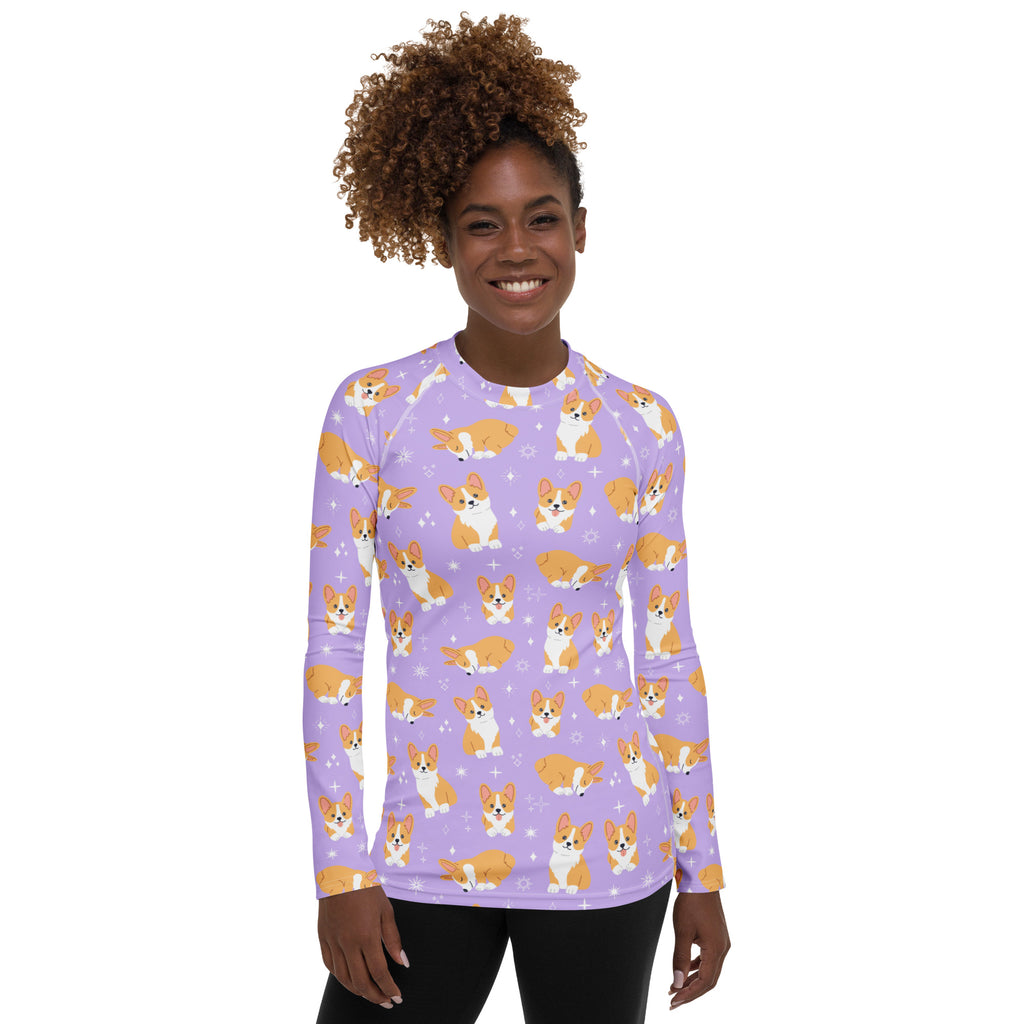 Women's Purple Corgi Dog Long Sleeve Rash Guard Swim Shirt – Buttery Soft, Sun Safe UPF 50+ Protection, Quick Dry & 4-Way Stretch Comfort