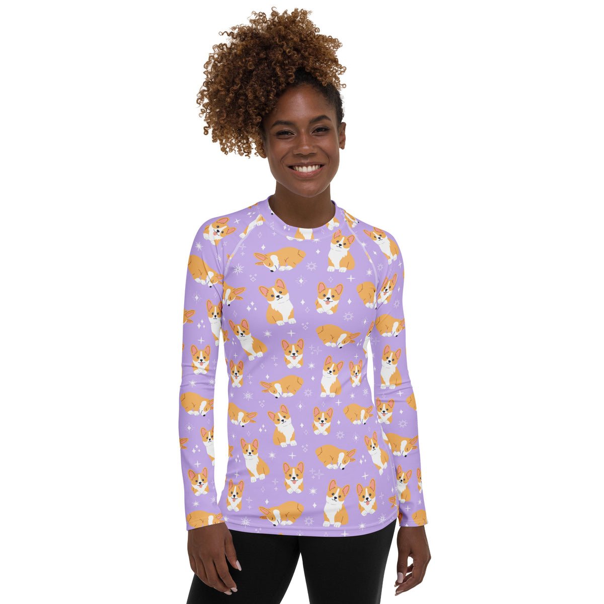 Women's Purple Corgi Dog Long Sleeve Rash Guard Swim Shirt – Buttery Soft, Sun Safe UPF 50+ Protection, Quick Dry & 4-Way Stretch Comfort