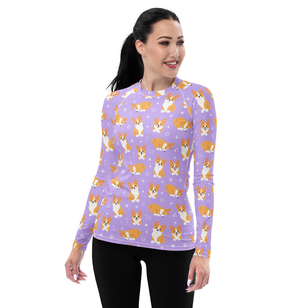Women's Purple Corgi Dog Long Sleeve Rash Guard Swim Shirt – Buttery Soft, Sun Safe UPF 50+ Protection, Quick Dry & 4-Way Stretch Comfort
