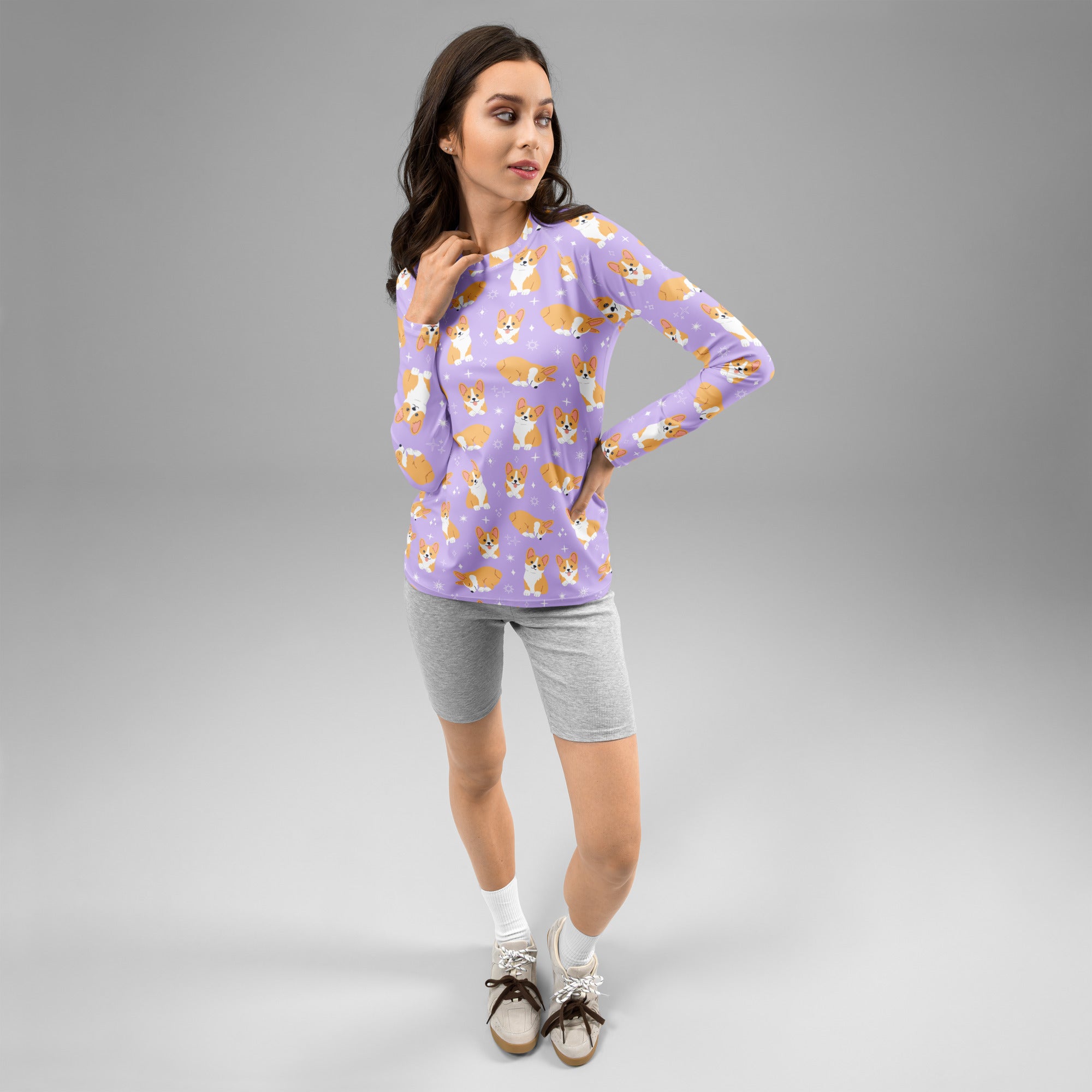 Women's Purple Corgi Dog Long Sleeve Rash Guard Swim Shirt – Buttery Soft, Sun Safe UPF 50+ Protection, Quick Dry & 4-Way Stretch Comfort