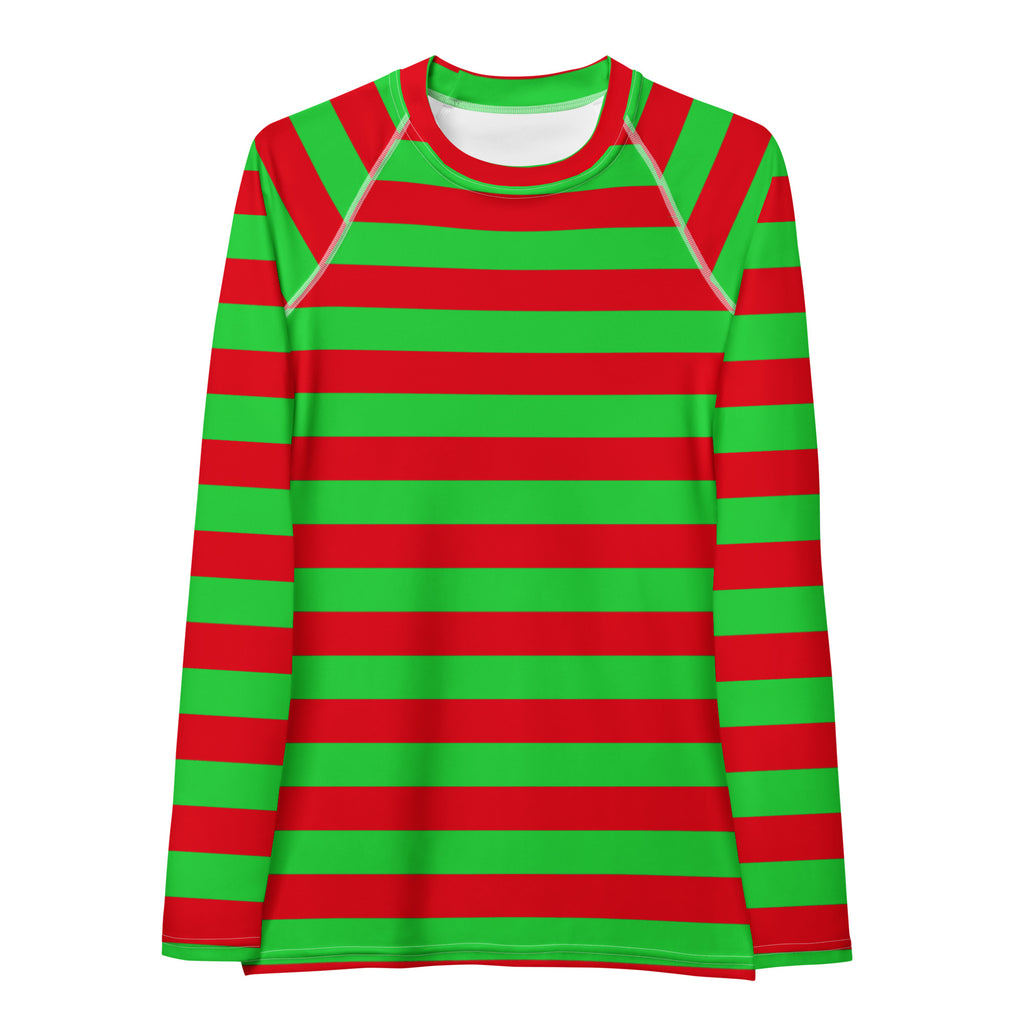 Women's Red & Green Striped Christmas Long Sleeve Rash Guard Swim Shirt – Buttery Soft, Sun Safe UPF 50+ Protection, Quick Dry & 4-Way Stretch Comfort