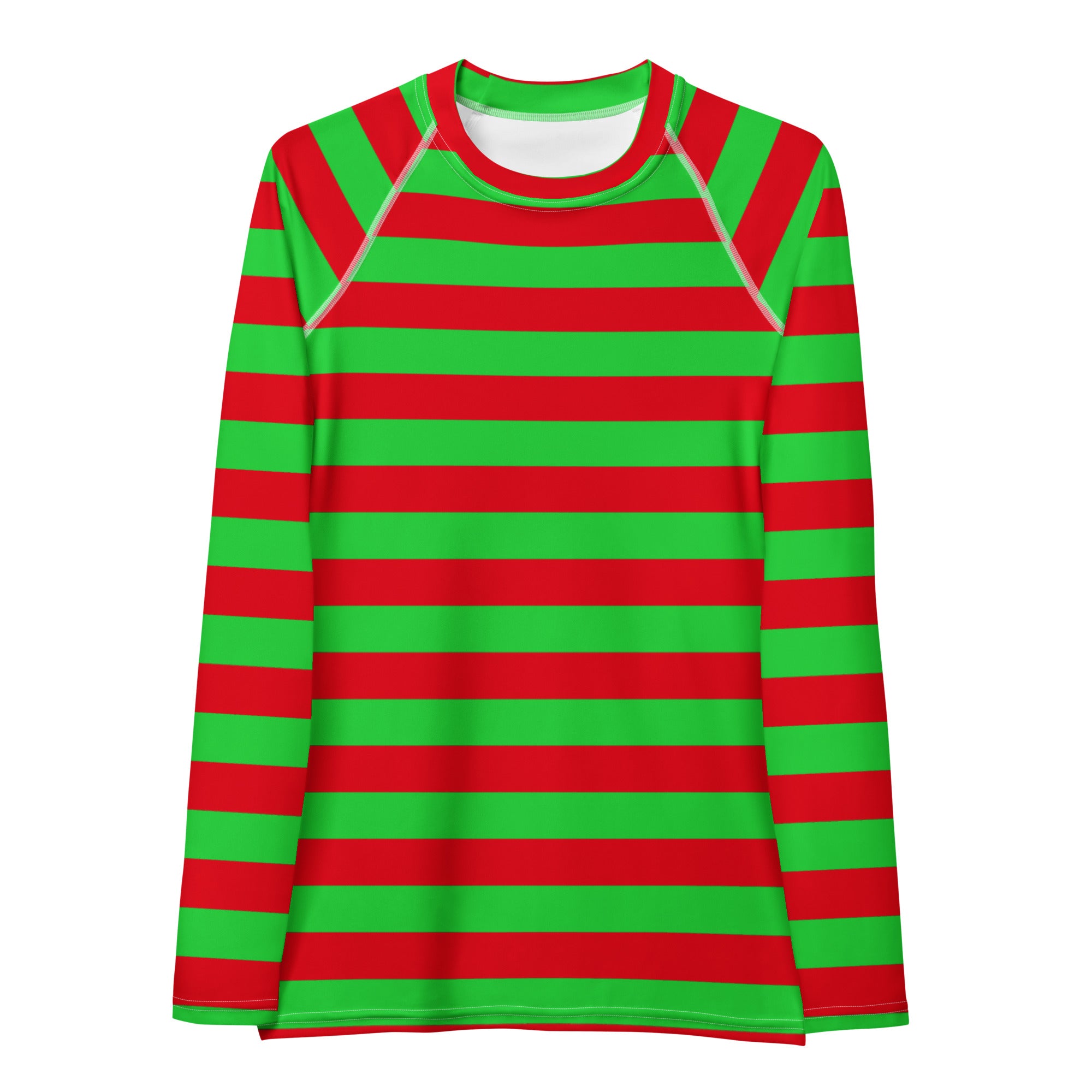 Women's Red & Green Striped Christmas Long Sleeve Rash Guard Swim Shirt – Buttery Soft, Sun Safe UPF 50+ Protection, Quick Dry & 4-Way Stretch Comfort