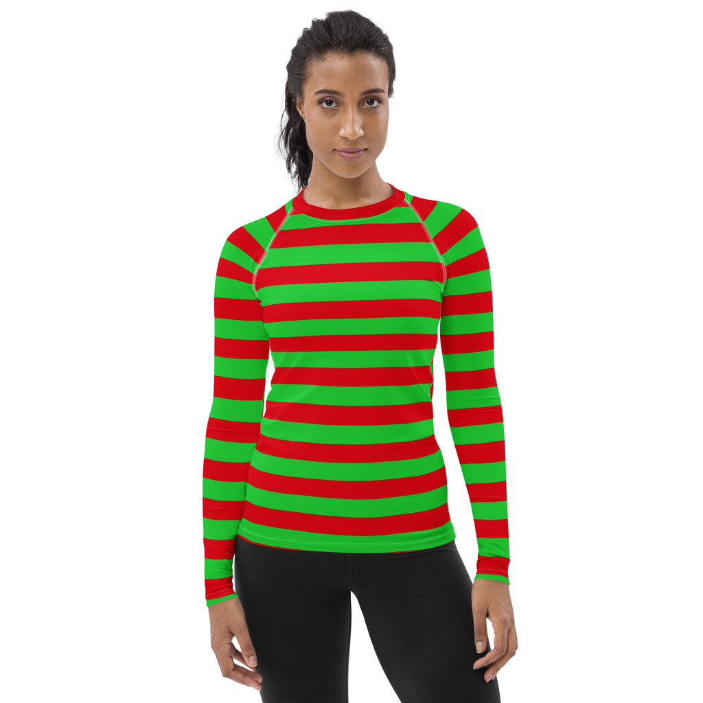 Women's Red & Green Striped Christmas Long Sleeve Rash Guard Swim Shirt – Buttery Soft, Sun Safe UPF 50+ Protection, Quick Dry & 4-Way Stretch Comfort