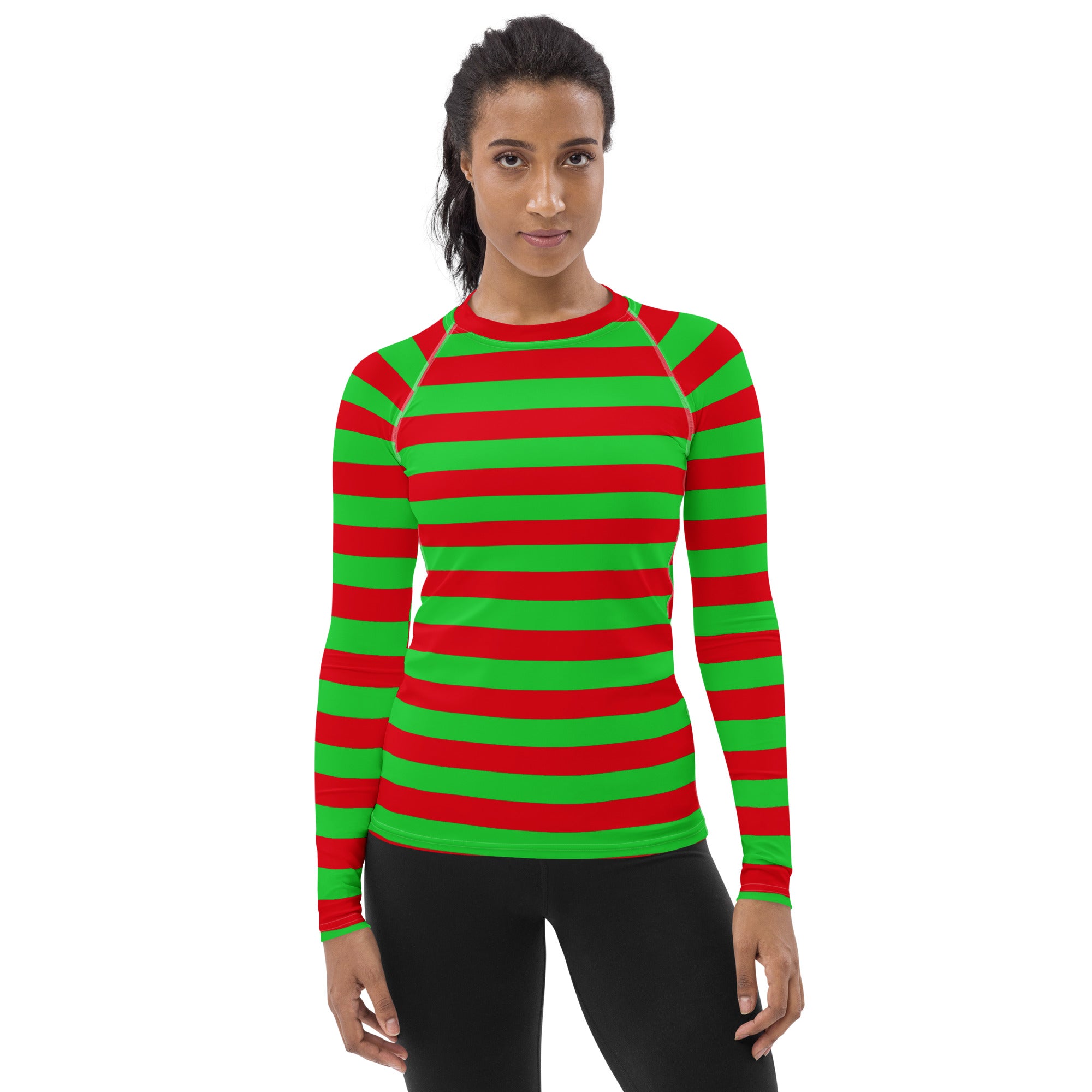 Women's Red & Green Striped Christmas Long Sleeve Rash Guard Swim Shirt – Buttery Soft, Sun Safe UPF 50+ Protection, Quick Dry & 4-Way Stretch Comfort