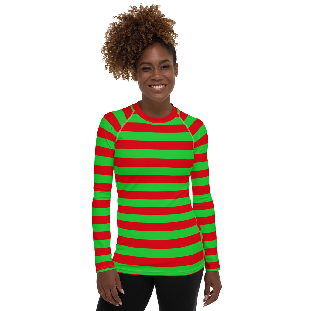 Women's Red & Green Striped Christmas Long Sleeve Rash Guard Swim Shirt – Buttery Soft, Sun Safe UPF 50+ Protection, Quick Dry & 4-Way Stretch Comfort