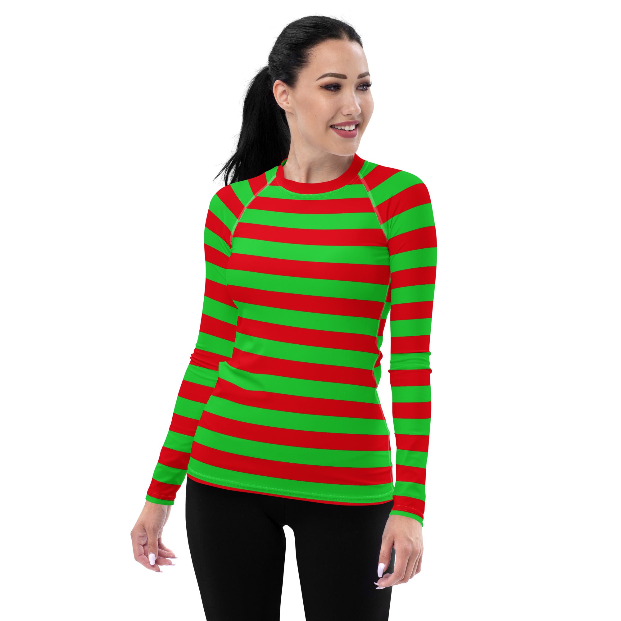 Women's Red & Green Striped Christmas Long Sleeve Rash Guard Swim Shirt – Buttery Soft, Sun Safe UPF 50+ Protection, Quick Dry & 4-Way Stretch Comfort