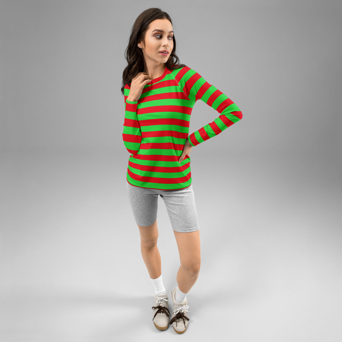 Women's Red & Green Striped Christmas Long Sleeve Rash Guard Swim Shirt – Buttery Soft, Sun Safe UPF 50+ Protection, Quick Dry & 4-Way Stretch Comfort