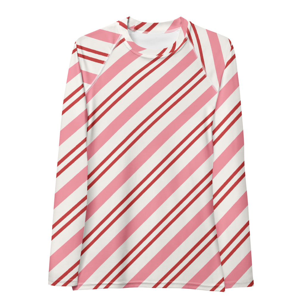 Women's Pink Candy Cane Stripe Long Sleeve Rash Guard Swim Shirt – Buttery Soft, Sun Safe UPF 50+ Protection, Quick Dry & 4-Way Stretch Comfort