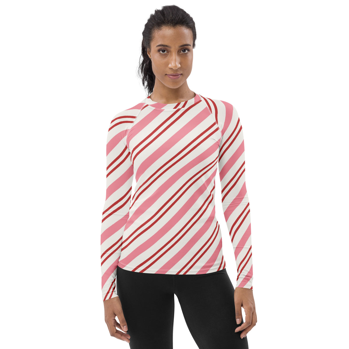 Women's Pink Candy Cane Stripe Long Sleeve Rash Guard Swim Shirt – Buttery Soft, Sun Safe UPF 50+ Protection, Quick Dry & 4-Way Stretch Comfort