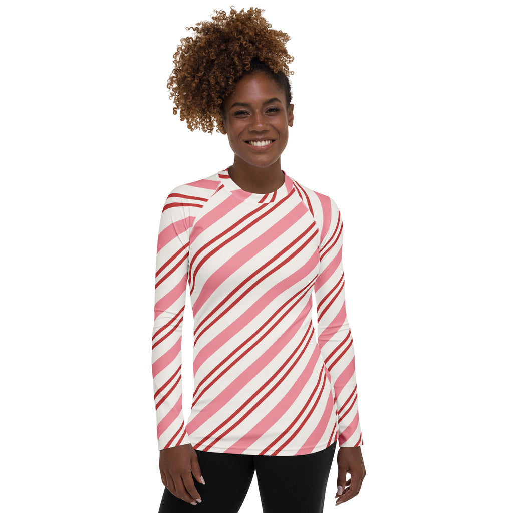 Women's Pink Candy Cane Stripe Long Sleeve Rash Guard Swim Shirt – Buttery Soft, Sun Safe UPF 50+ Protection, Quick Dry & 4-Way Stretch Comfort