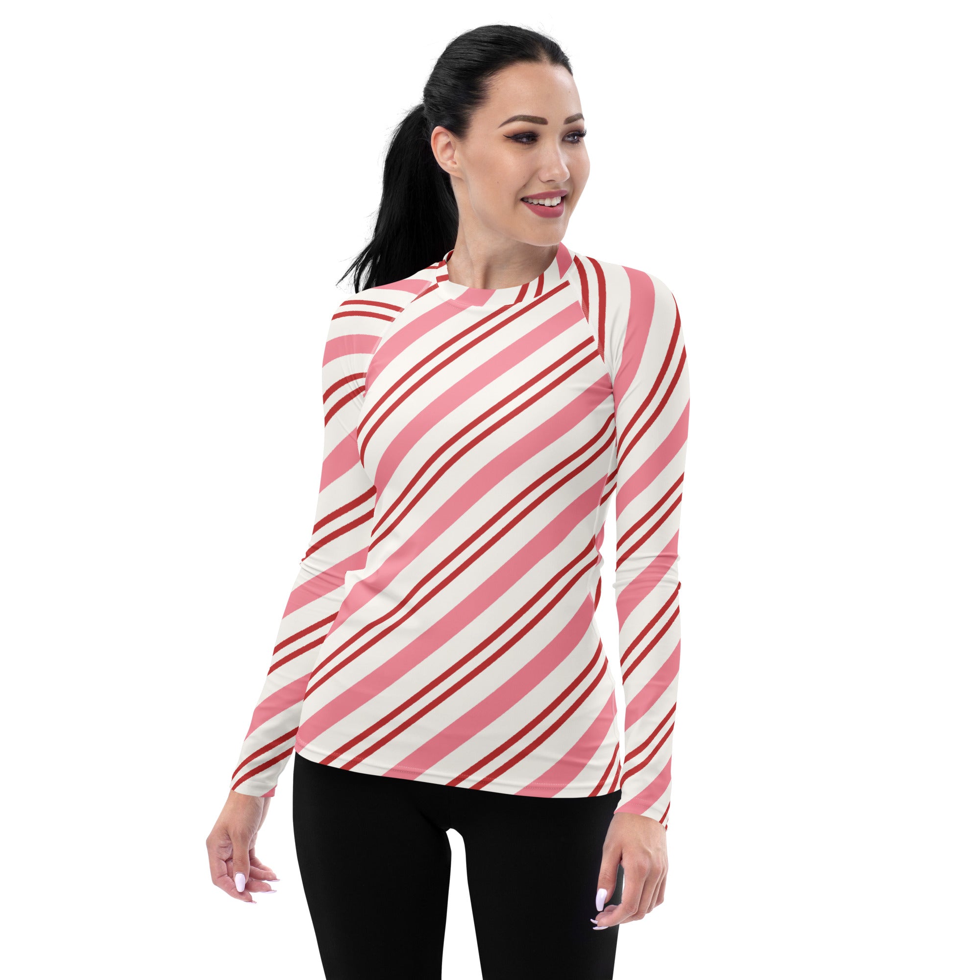 Women's Pink Candy Cane Stripe Long Sleeve Rash Guard Swim Shirt – Buttery Soft, Sun Safe UPF 50+ Protection, Quick Dry & 4-Way Stretch Comfort