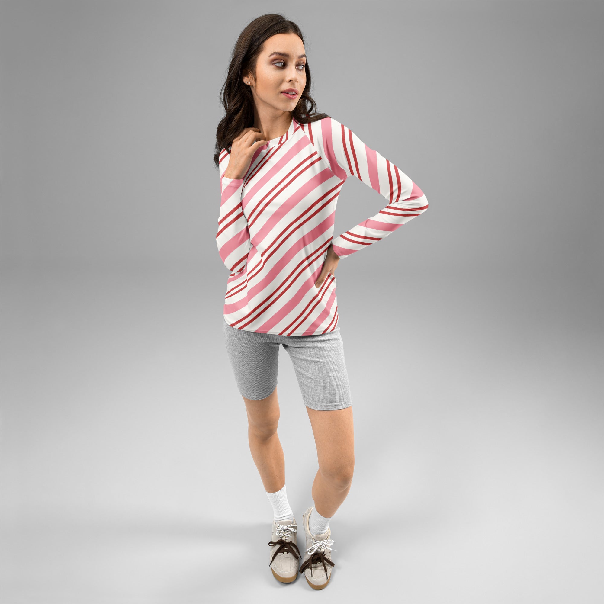Women's Pink Candy Cane Stripe Long Sleeve Rash Guard Swim Shirt – Buttery Soft, Sun Safe UPF 50+ Protection, Quick Dry & 4-Way Stretch Comfort