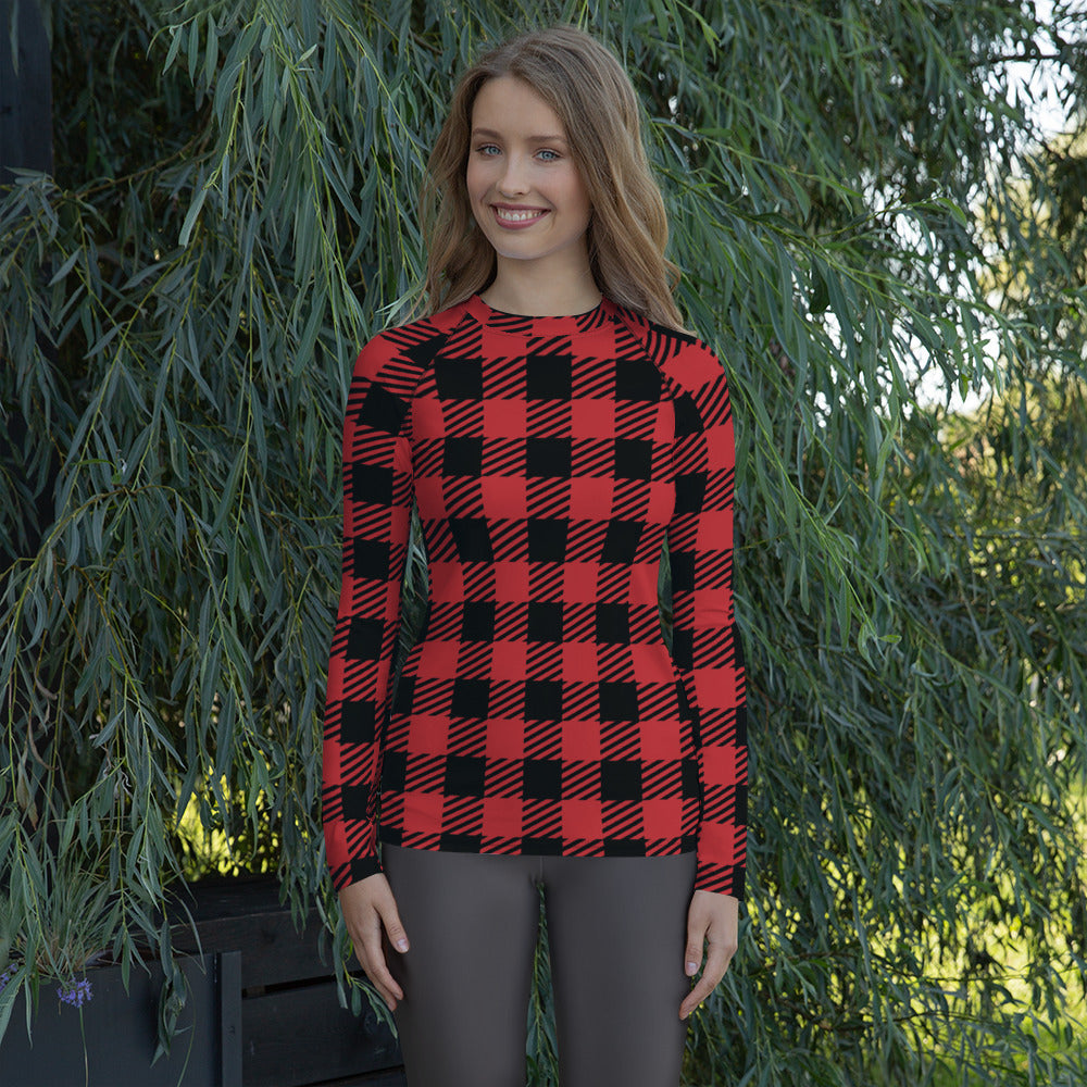 Women's Red & Black Buffalo Plaid Christmas Long Sleeve Rash Guard Swim Shirt – Buttery Soft, Sun Safe UPF 50+ Protection, Quick Dry & 4-Way Stretch Comfort