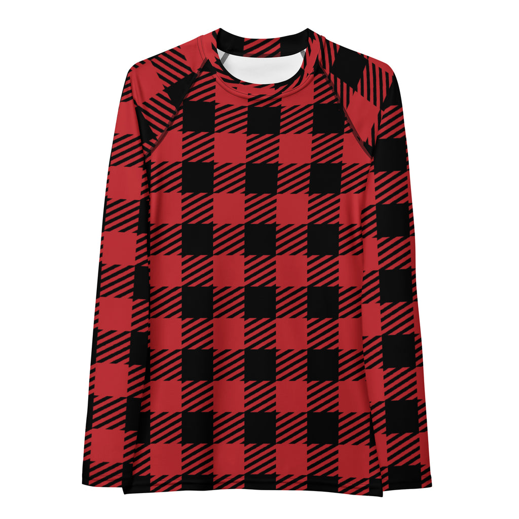 Women's Red & Black Buffalo Plaid Christmas Long Sleeve Rash Guard Swim Shirt – Buttery Soft, Sun Safe UPF 50+ Protection, Quick Dry & 4-Way Stretch Comfort