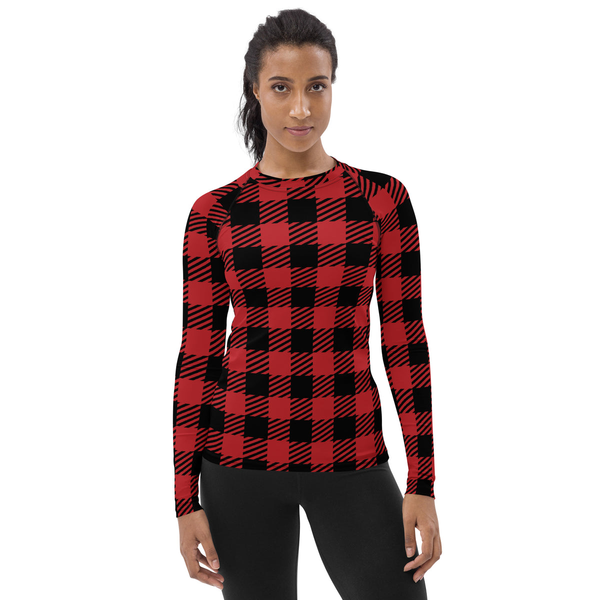 Women's Red & Black Buffalo Plaid Christmas Long Sleeve Rash Guard Swim Shirt – Buttery Soft, Sun Safe UPF 50+ Protection, Quick Dry & 4-Way Stretch Comfort