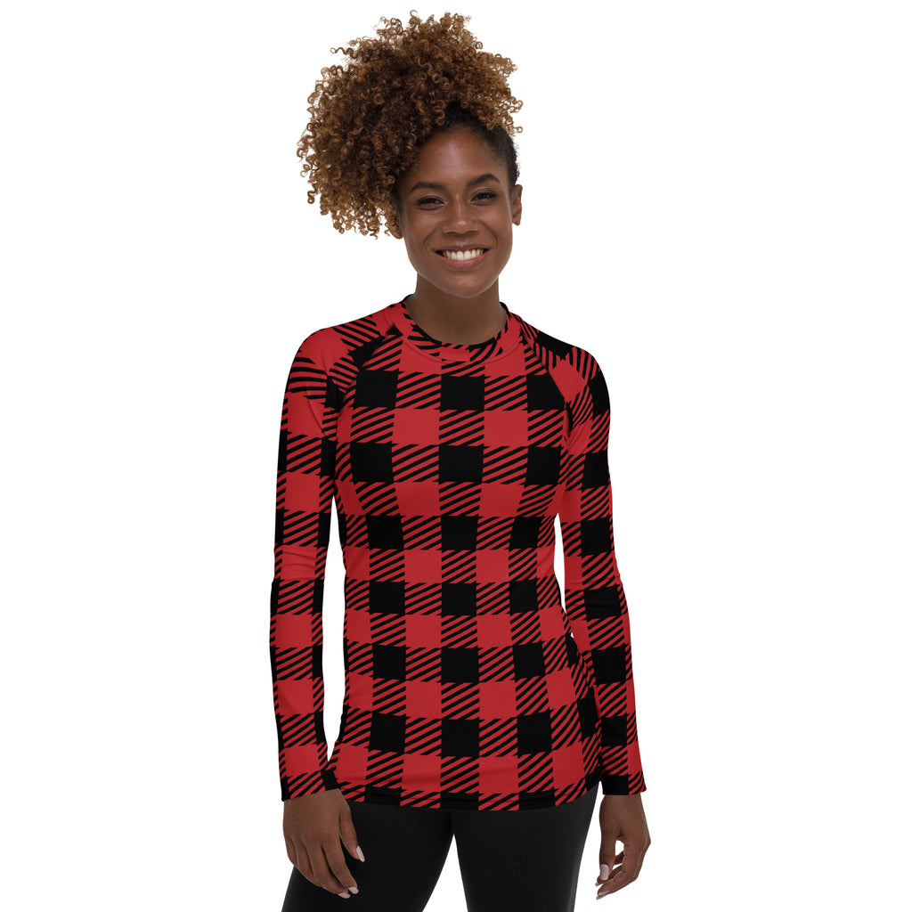 Women's Red & Black Buffalo Plaid Christmas Long Sleeve Rash Guard Swim Shirt – Buttery Soft, Sun Safe UPF 50+ Protection, Quick Dry & 4-Way Stretch Comfort
