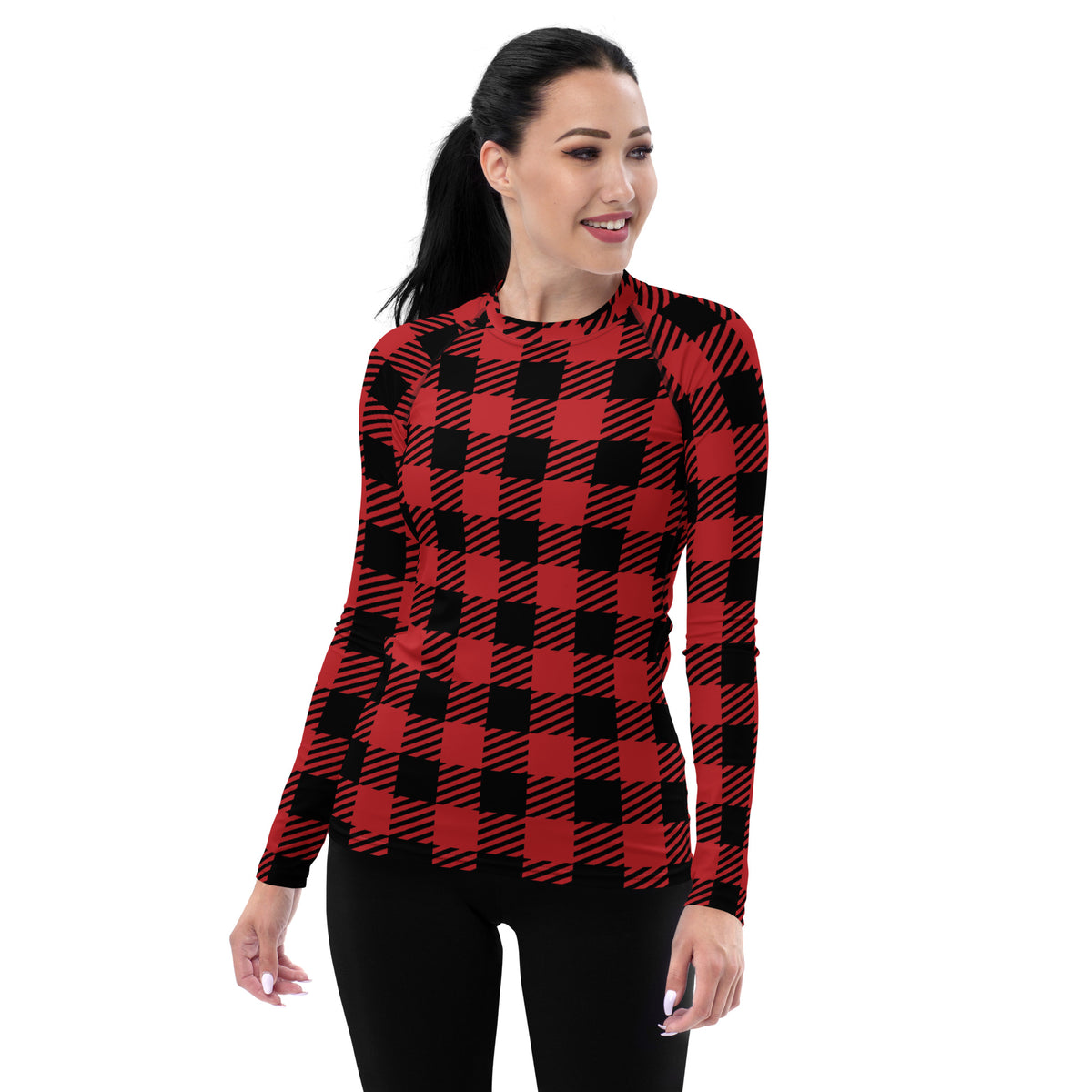 Women's Red & Black Buffalo Plaid Christmas Long Sleeve Rash Guard Swim Shirt – Buttery Soft, Sun Safe UPF 50+ Protection, Quick Dry & 4-Way Stretch Comfort