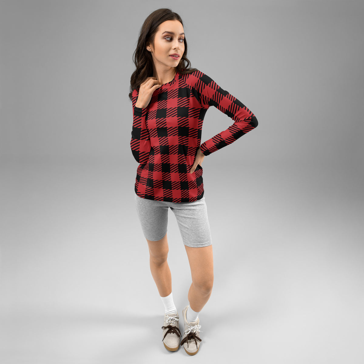 Women's Red & Black Buffalo Plaid Christmas Long Sleeve Rash Guard Swim Shirt – Buttery Soft, Sun Safe UPF 50+ Protection, Quick Dry & 4-Way Stretch Comfort