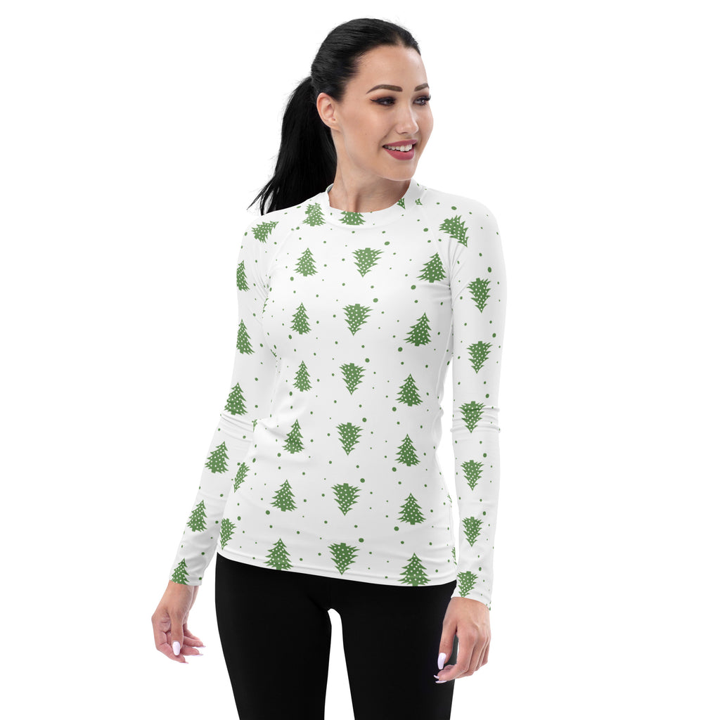 Women's Green Christmas Tree Long Sleeve Rash Guard Swim Shirt – Buttery Soft, Sun Safe UPF 50+ Protection, Quick Dry & 4-Way Stretch Comfort