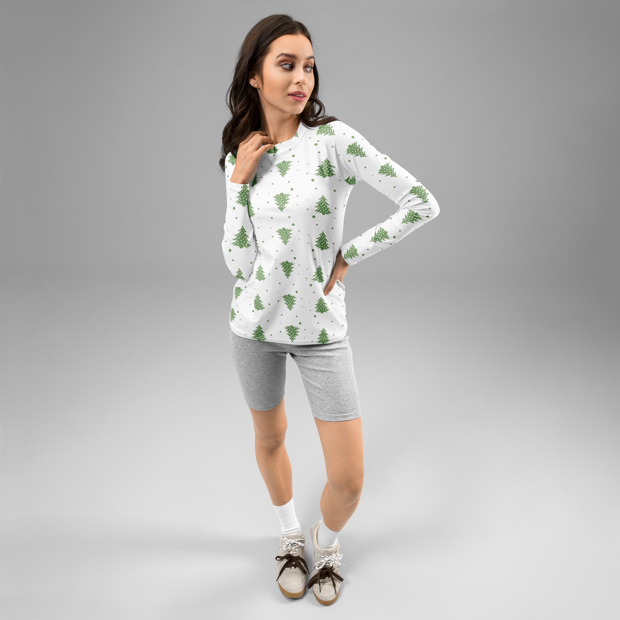 Women's Green Christmas Tree Long Sleeve Rash Guard Swim Shirt – Buttery Soft, Sun Safe UPF 50+ Protection, Quick Dry & 4-Way Stretch Comfort