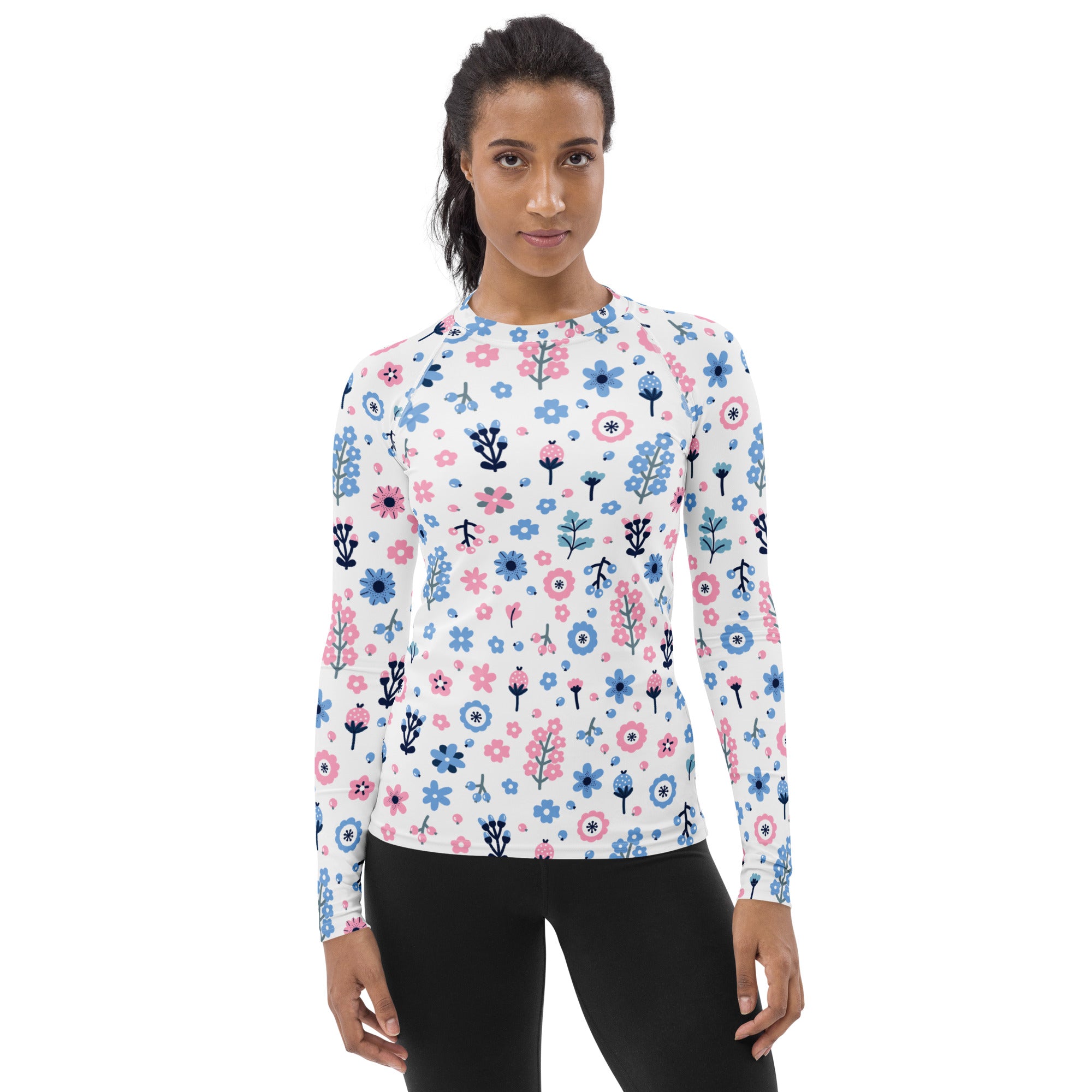 Women's Pink & Blue Floral Long Sleeve Rash Guard Swim Shirt – Buttery Soft, Sun Safe UPF 50+ Protection, Quick Dry & 4-Way Stretch Comfort