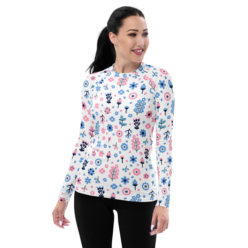 Women's Pink & Blue Floral Long Sleeve Rash Guard Swim Shirt – Buttery Soft, Sun Safe UPF 50+ Protection, Quick Dry & 4-Way Stretch Comfort