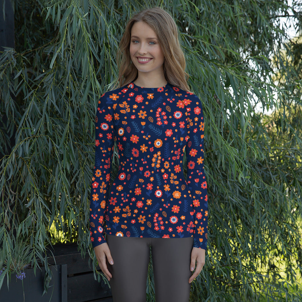 Women's Navy Floral Long Sleeve Rash Guard Swim Shirt – Buttery Soft, Sun Safe UPF 50+ Protection, Quick Dry & 4-Way Stretch Comfort