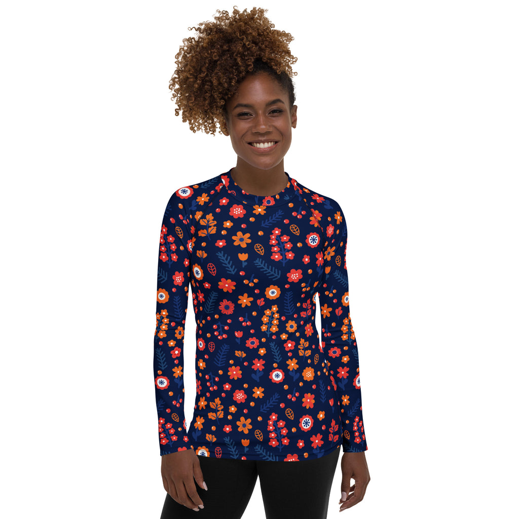 Women's Navy Floral Long Sleeve Rash Guard Swim Shirt – Buttery Soft, Sun Safe UPF 50+ Protection, Quick Dry & 4-Way Stretch Comfort