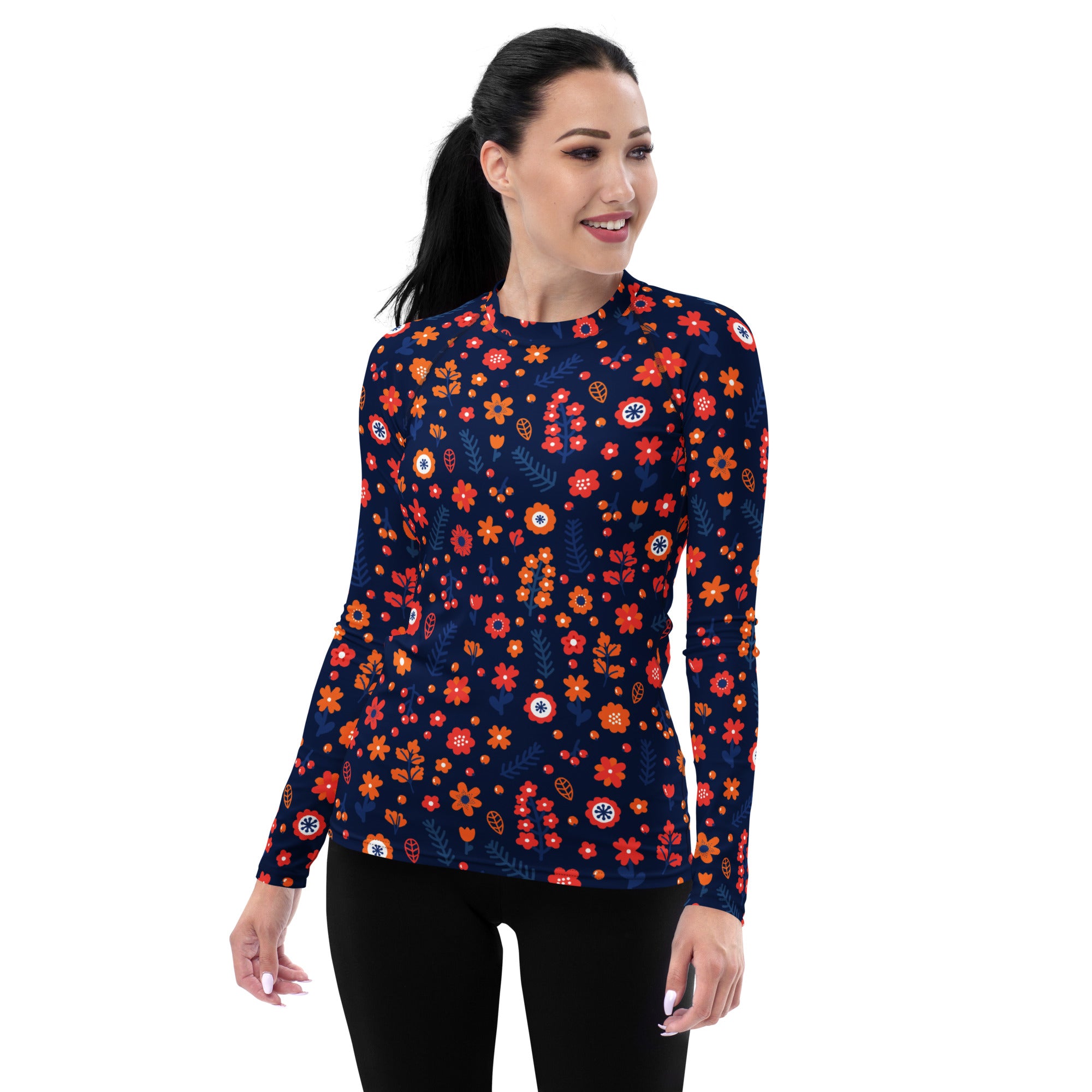 Women's Navy Floral Long Sleeve Rash Guard Swim Shirt – Buttery Soft, Sun Safe UPF 50+ Protection, Quick Dry & 4-Way Stretch Comfort