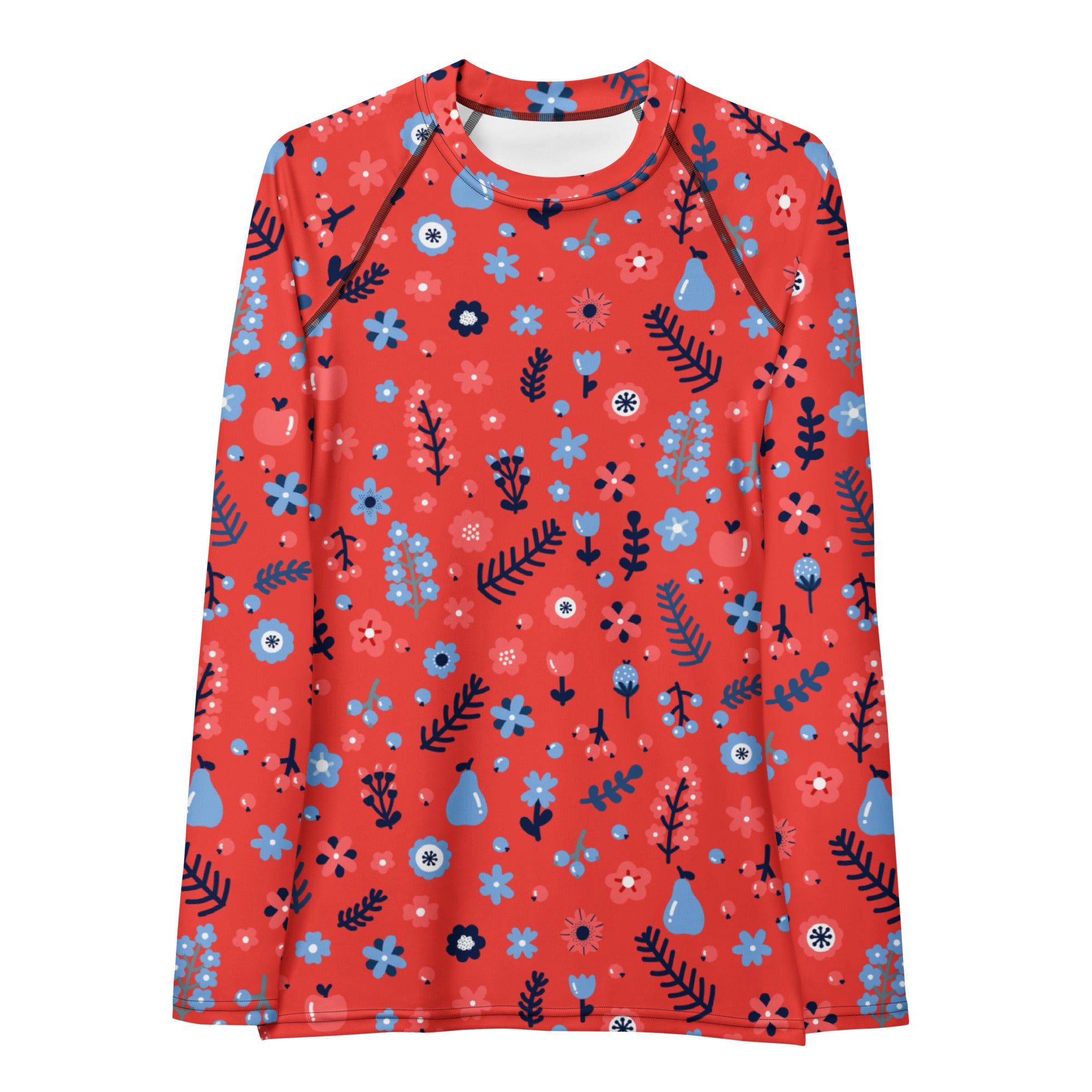 Women's Coral Red Floral Long Sleeve Rash Guard Swim Shirt – Buttery Soft, Sun Safe UPF 50+ Protection, Quick Dry & 4-Way Stretch Comfort