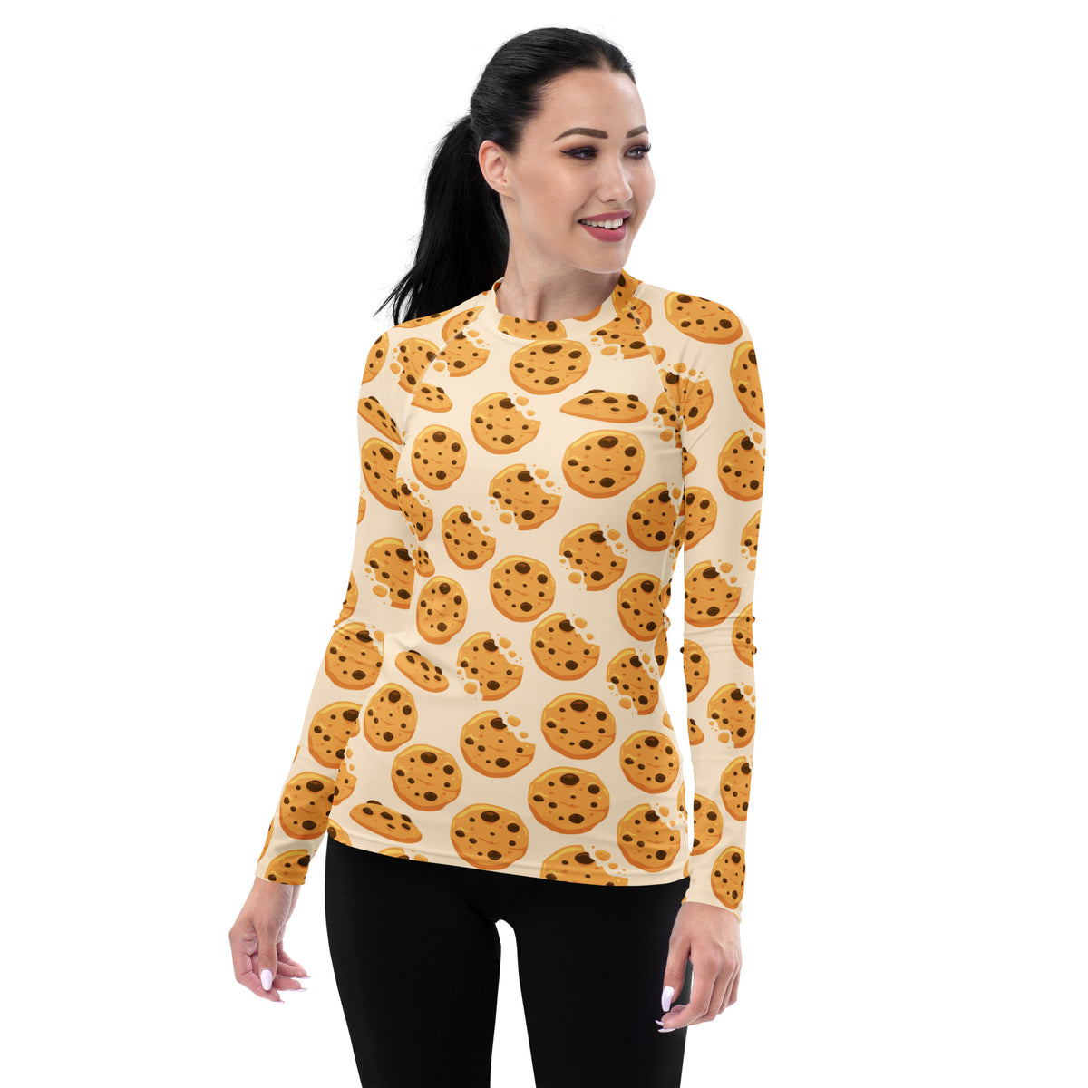 Women's Chocolate Chip Cookies Long Sleeve Rash Guard Swim Shirt – Buttery Soft, Sun Safe UPF 50+ Protection, Quick Dry & 4-Way Stretch Comfort