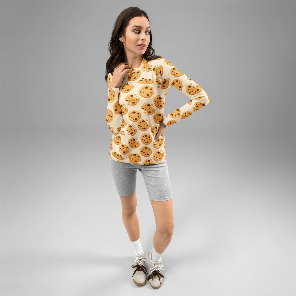 Women's Chocolate Chip Cookies Long Sleeve Rash Guard Swim Shirt – Buttery Soft, Sun Safe UPF 50+ Protection, Quick Dry & 4-Way Stretch Comfort