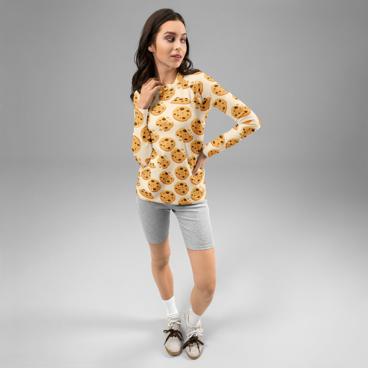 Women's Chocolate Chip Cookies Long Sleeve Rash Guard Swim Shirt – Buttery Soft, Sun Safe UPF 50+ Protection, Quick Dry & 4-Way Stretch Comfort