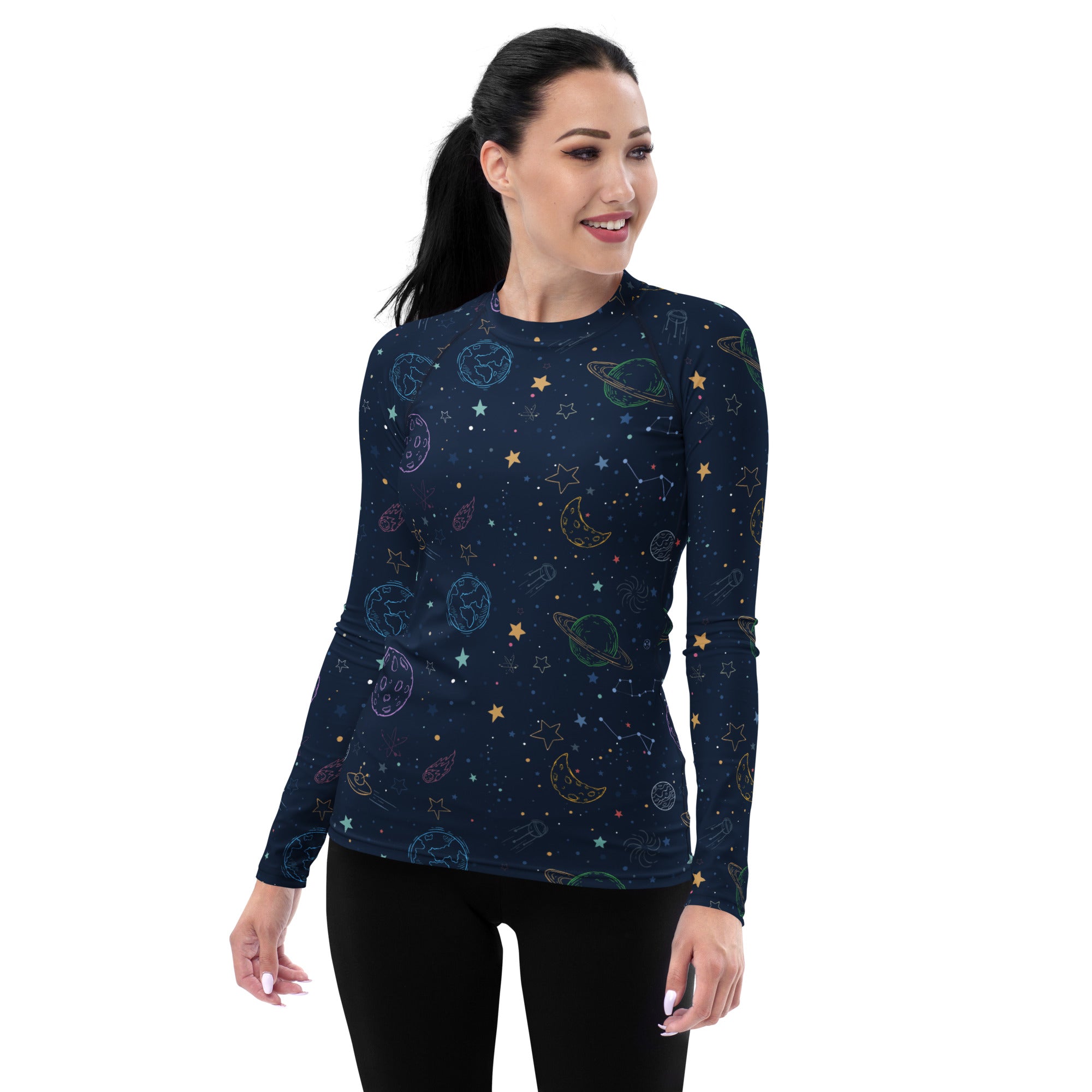 Women's Colorful Galaxy Space Long Sleeve Rash Guard Swim Shirt – Buttery Soft, Sun Safe UPF 50+ Protection, Quick Dry & 4-Way Stretch Comfort